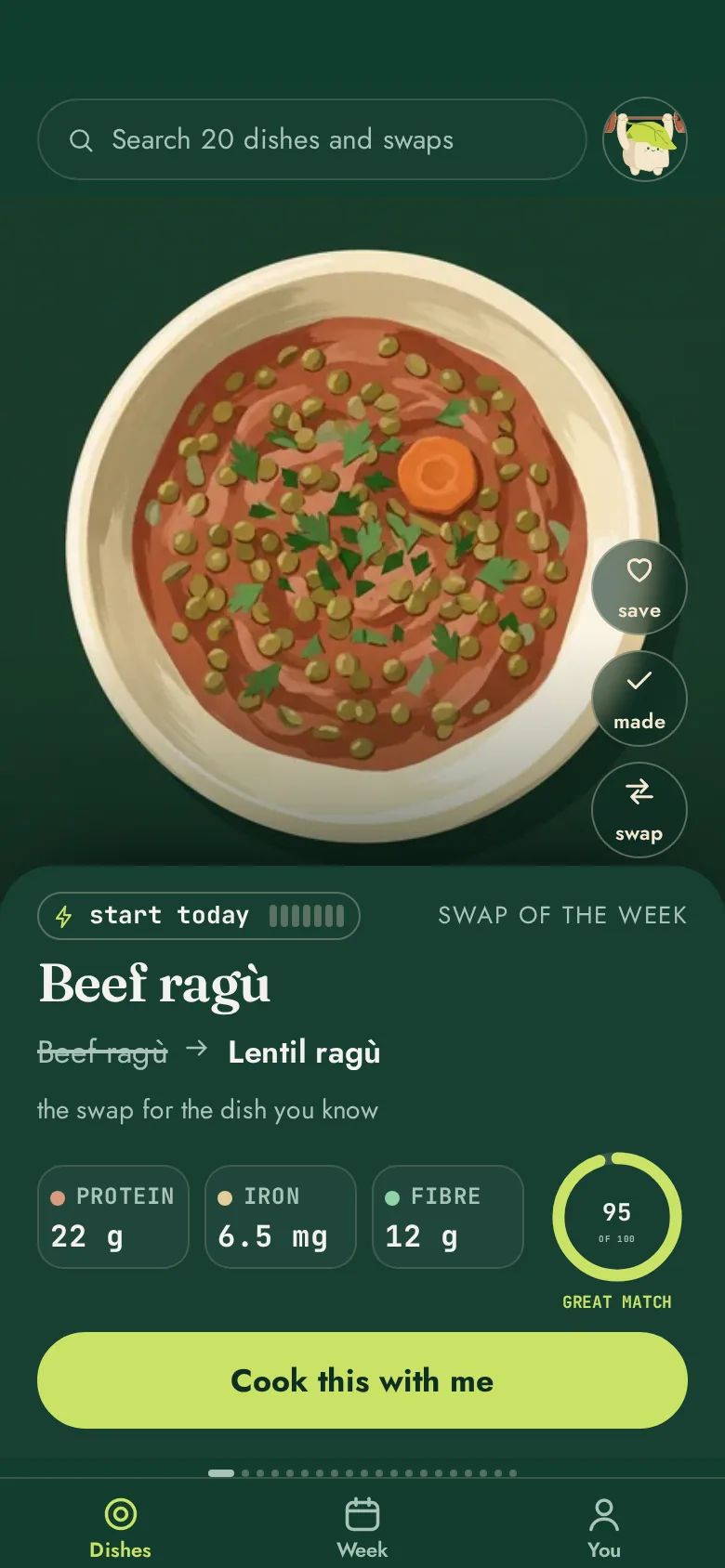 A Parity app screen: a beef ragu with its plant swap