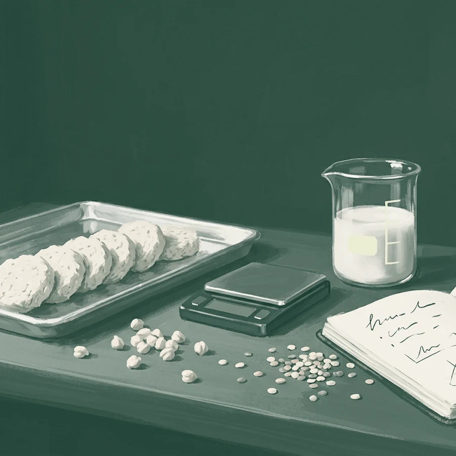 A formulator's bench: a tray of plant-protein patties, chickpeas and lentils, a scale and a beaker