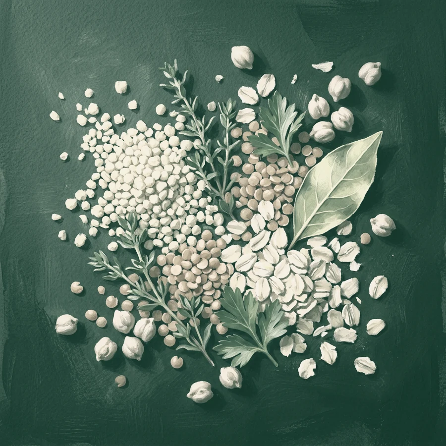 Pea protein, lentils, oats, chickpeas and herbs scattered on a dark green surface