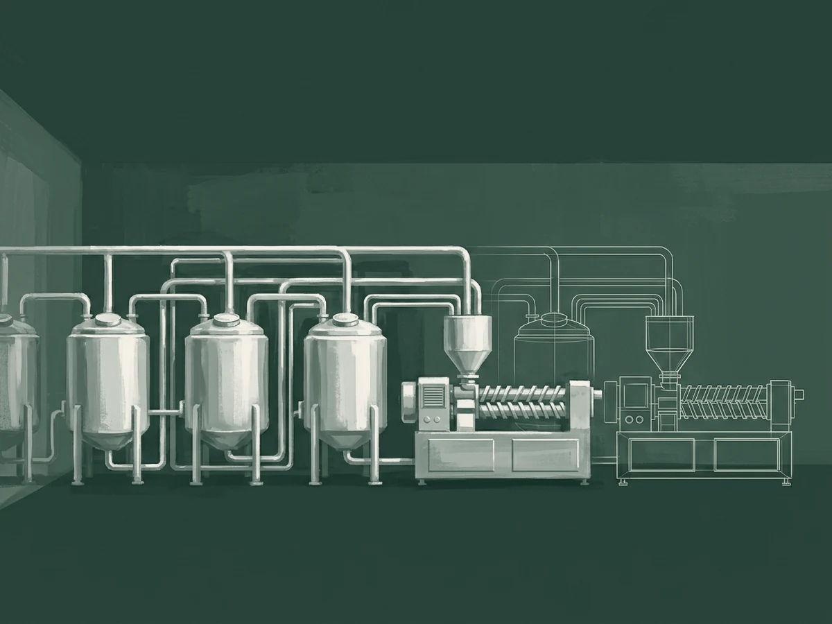 A plant-protein line, painted on the left, with its digital twin drawn as linework beside it