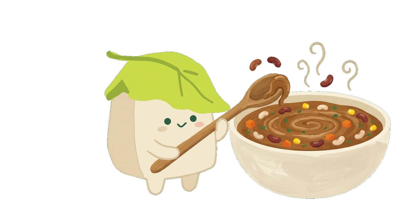 The Parity mascot stirring a painted bowl of bean chilli